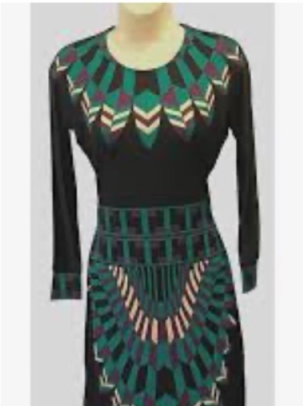 Tory Burch Black Long-Sleeve Dress with Teal and Cream Geometric Print